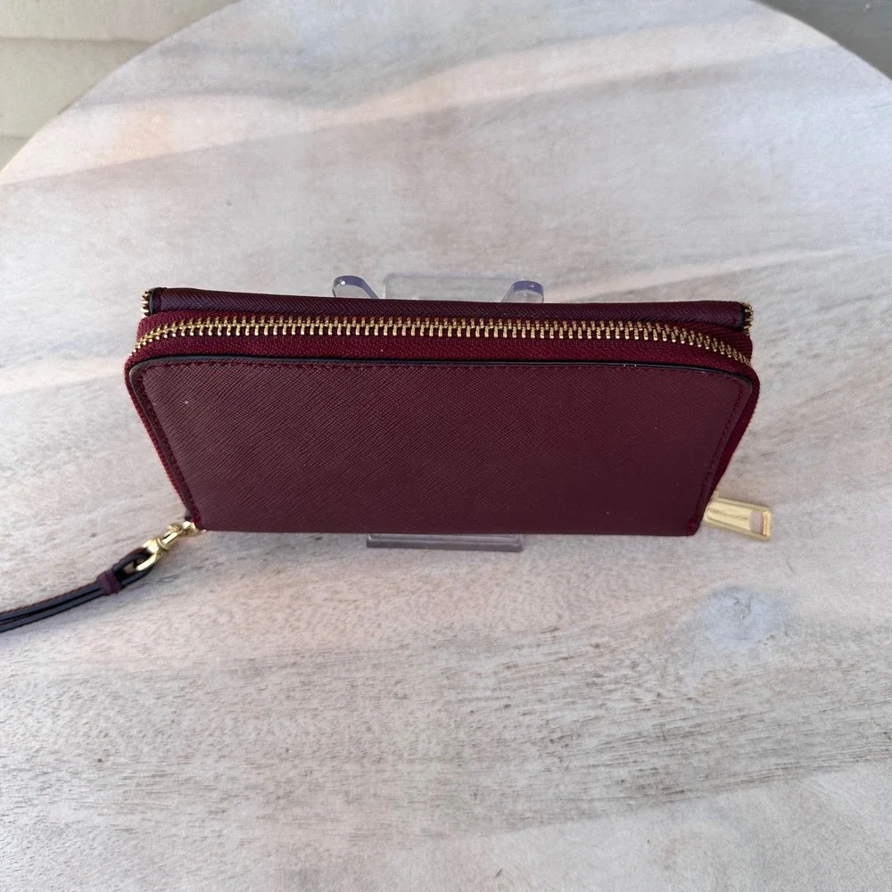 Rebecca Minkoff Molly Metro Zip Around Wristlet Wallet Port Wine Red Saffiano